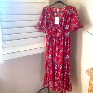 NWT red flower print ruffle midi length dress